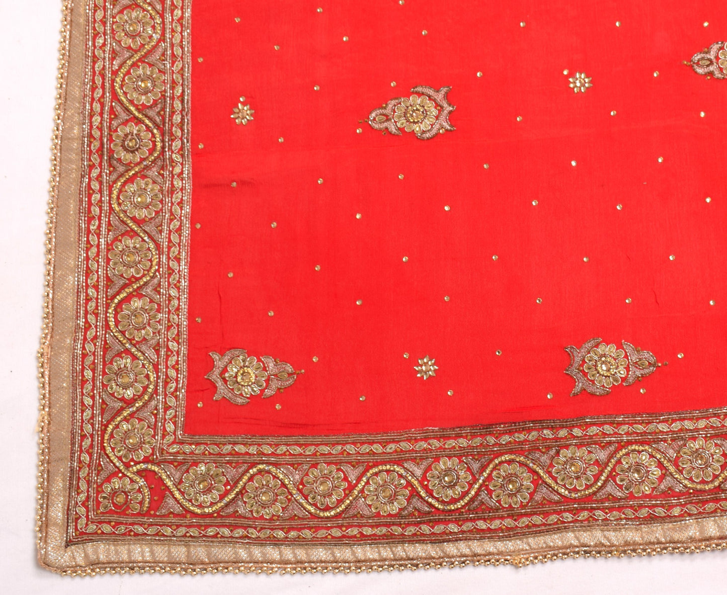 Sushila Vintage Red Heavy Dupatta Pure Silk Glass Beads Stone Work Wedding Stole