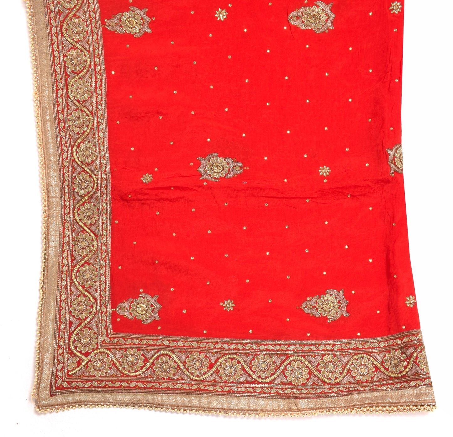 Sushila Vintage Red Heavy Dupatta Pure Silk Glass Beads Stone Work Wedding Stole