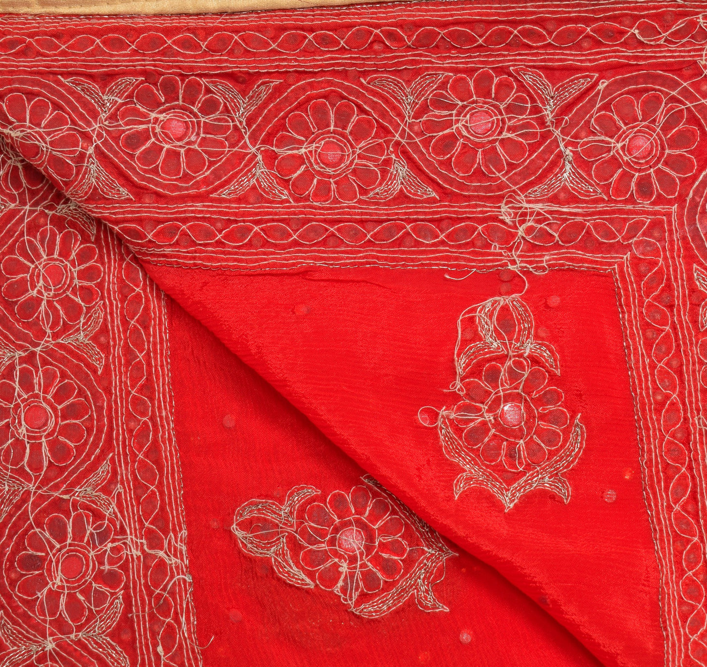 Sushila Vintage Red Heavy Dupatta Pure Silk Glass Beads Stone Work Wedding Stole