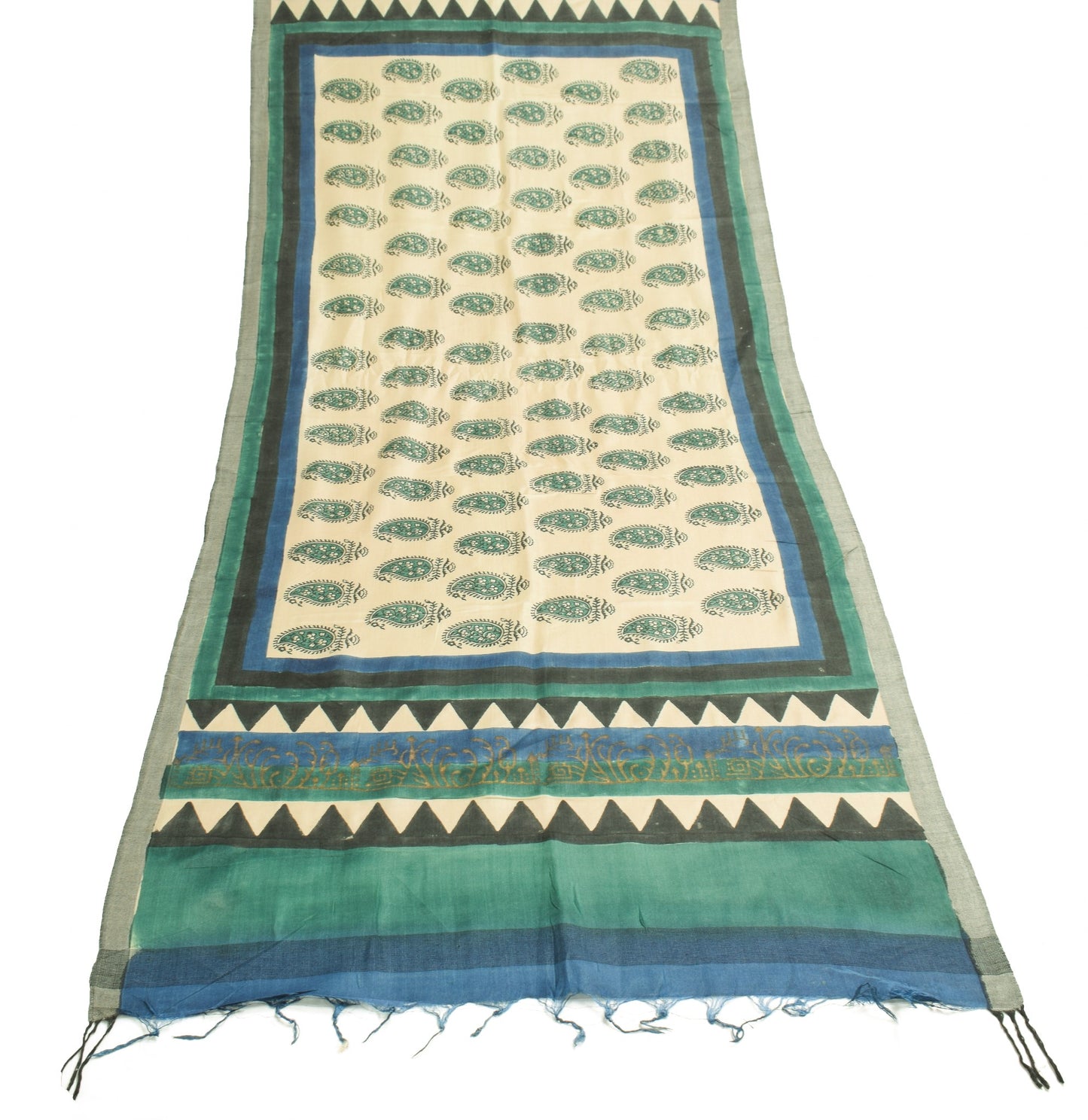 Sushila Vintage 100% Pure Woolen Dupatta Hand Block Printed Paisley Long Stole