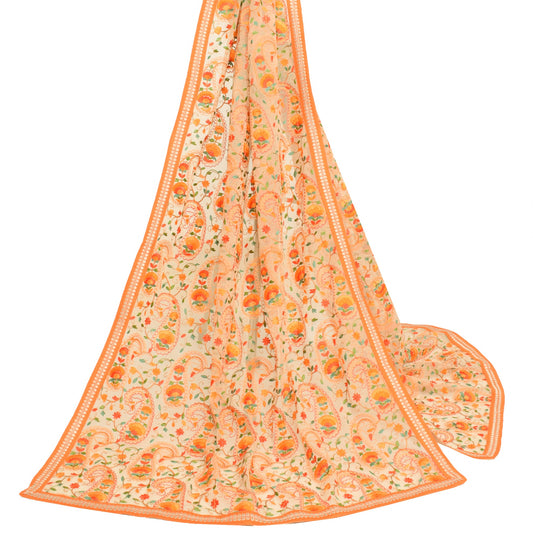 Sushila Vintage Cream Embroidered Dupatta Art Georgette Paisley Party Long Stole