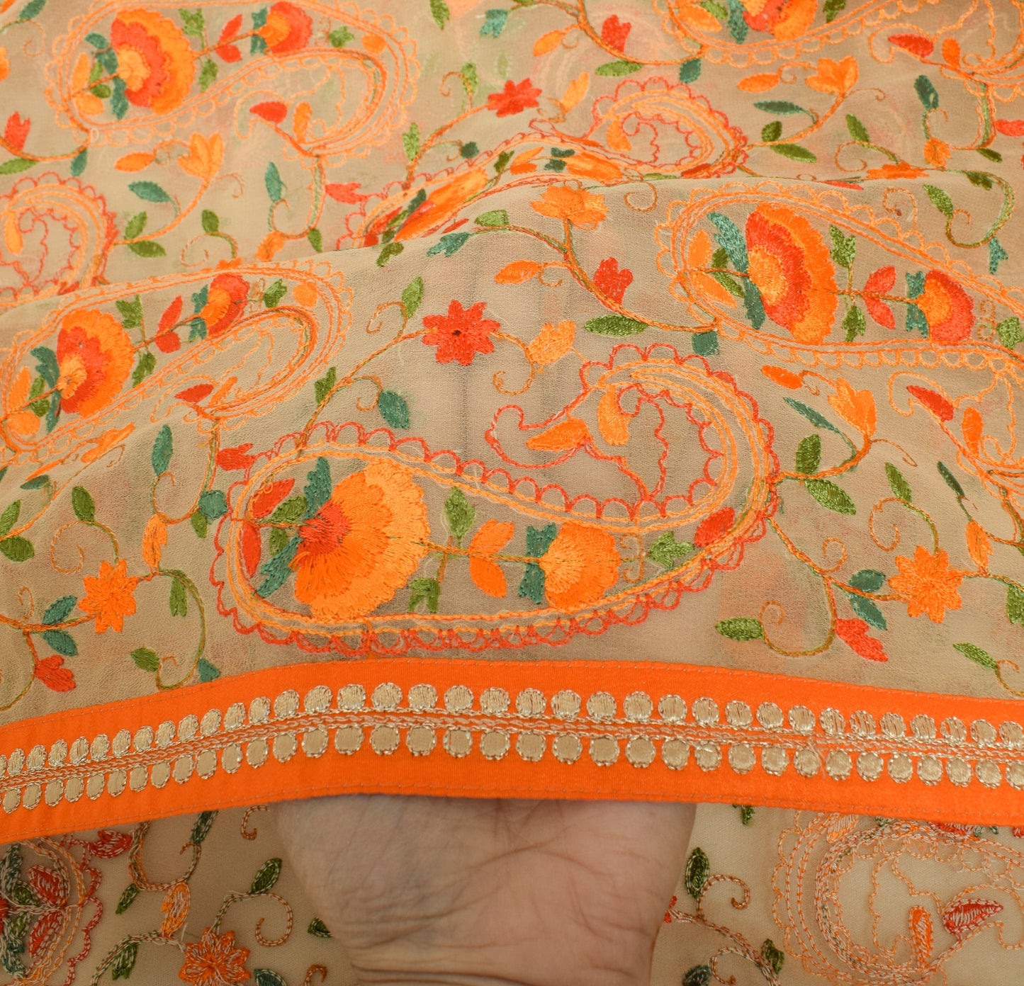 Sushila Vintage Cream Embroidered Dupatta Art Georgette Paisley Party Long Stole