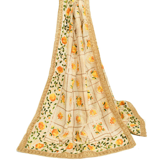 Sushila Vintage Beige OOAK Heavy Dupatta Art Silk Hand Embroidered Long Stole