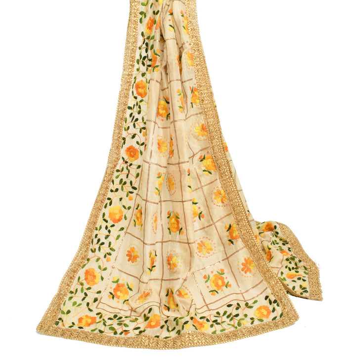 Sushila Vintage Beige OOAK Heavy Dupatta Art Silk Hand Embroidered Long Stole