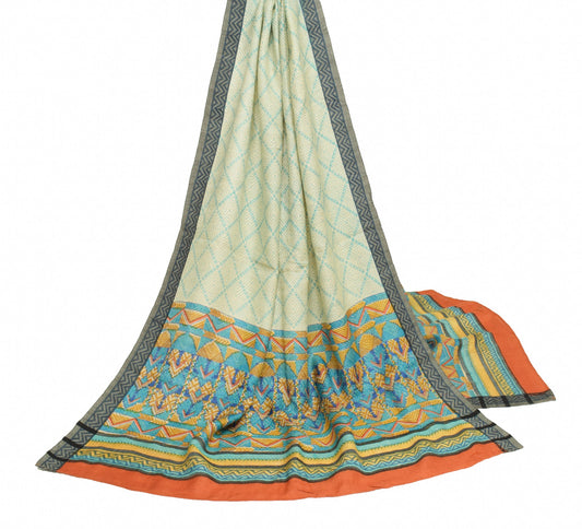 Sushila Vintage Cream Dupatta 100% Pure woolen Printed Soft Indian Long Stole