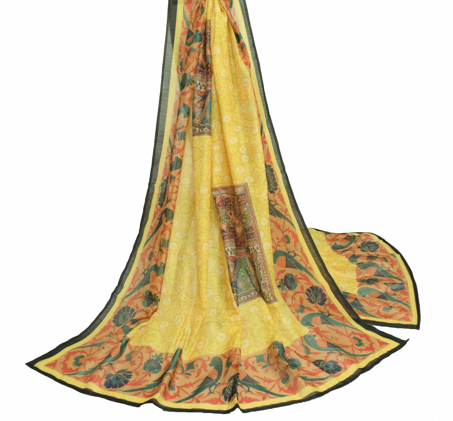 Sushila Vintage Kalamkari Printed Dupatta Art Cotton Silk Floral Bids Long Stole