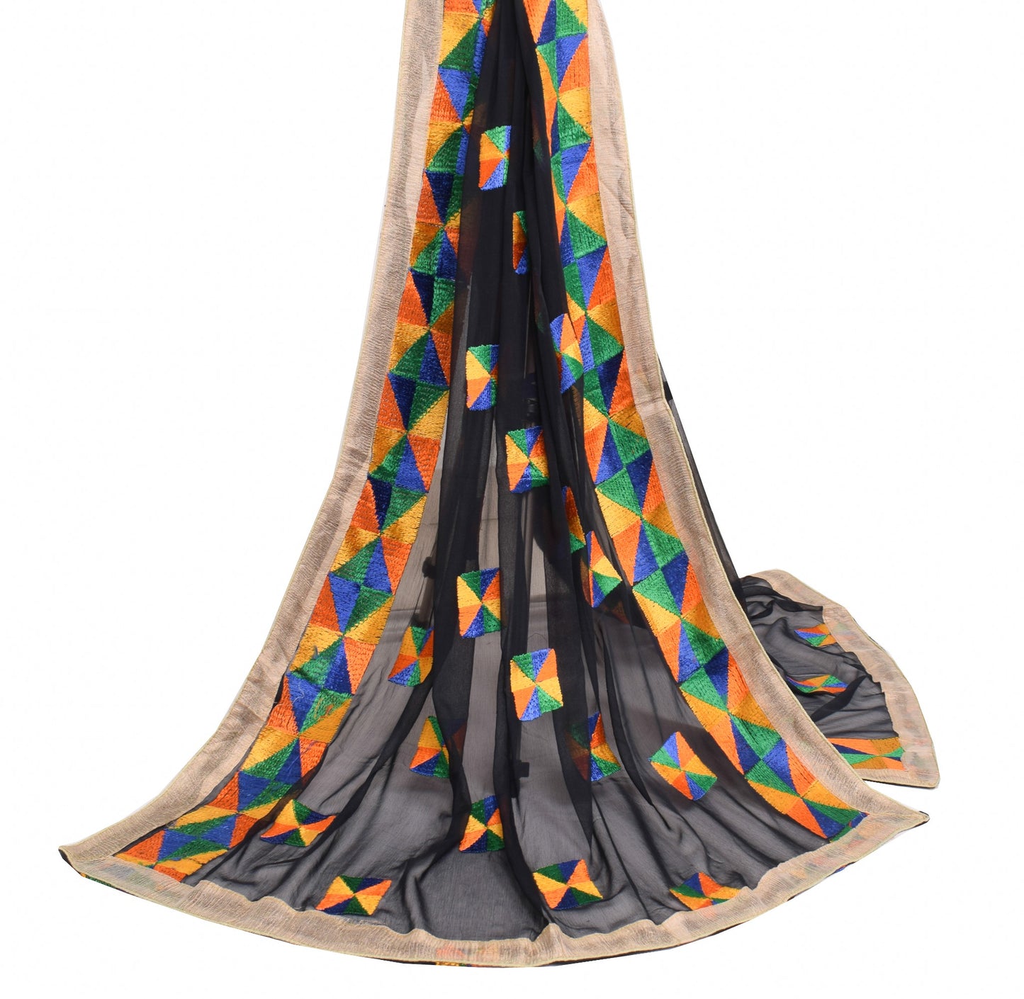 Sushila Vintage Bagh Phulkari Dupatta Art Chiffon Black Traditional Long Stole
