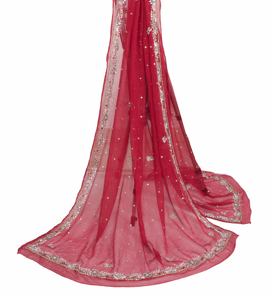 Sushila Vintage Dark Red Dupatta Pure Chiffon Silk Sequins Embellish Long Stole