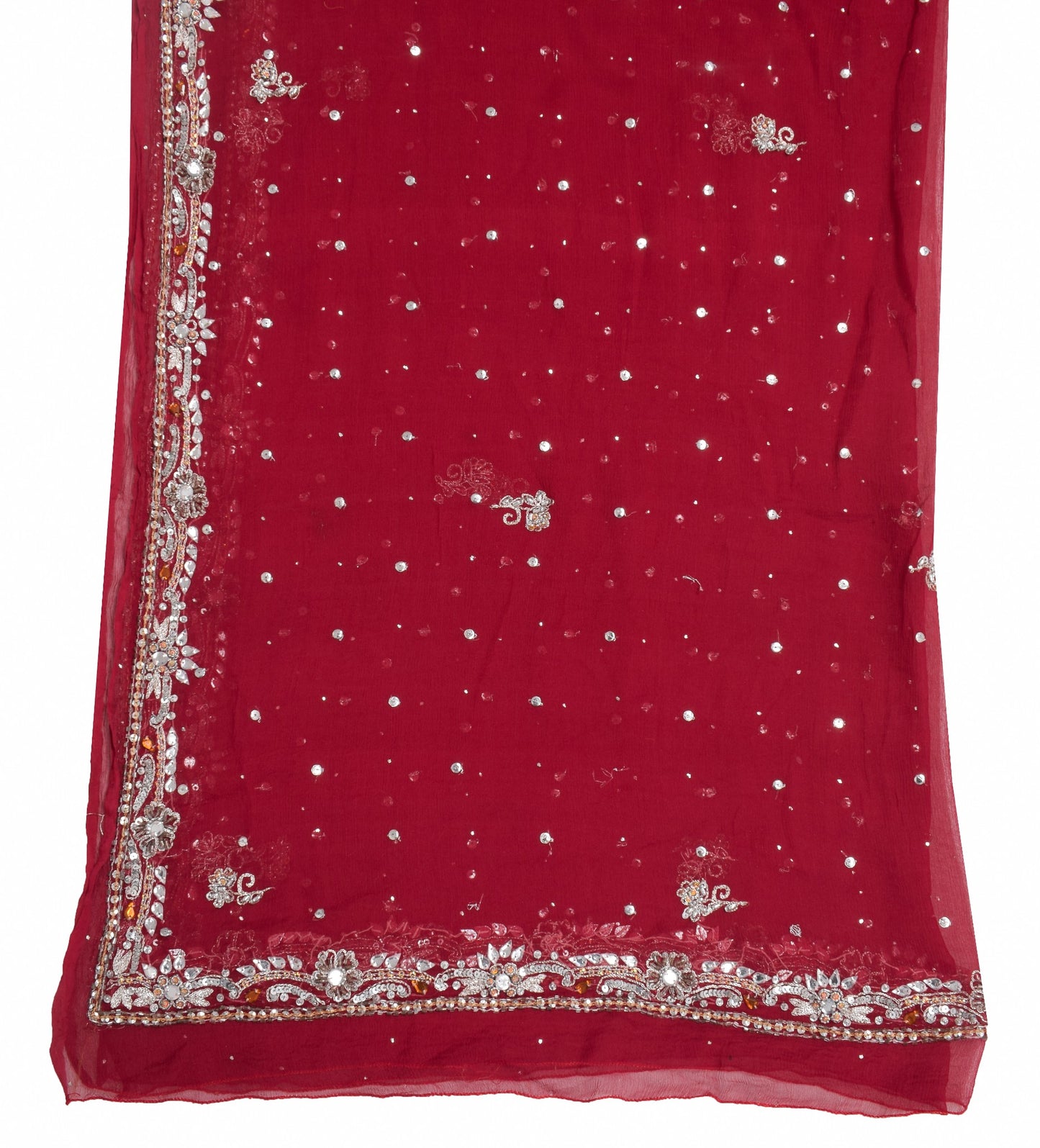 Sushila Vintage Dark Red Dupatta Pure Chiffon Silk Sequins Embellish Long Stole