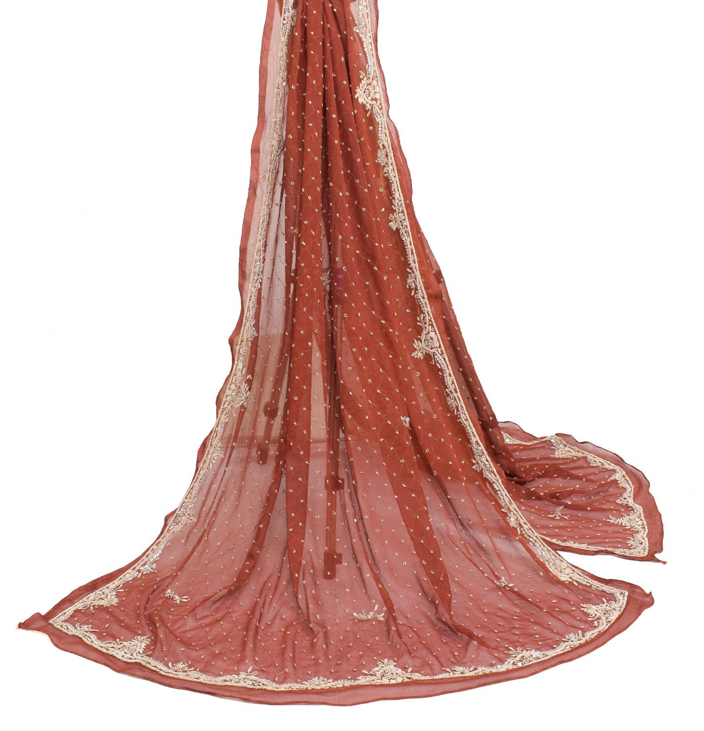 Sushila Vintage Brown Zardozi Work Dupatta Pure Chiffon Floral Ethnic Long Stole
