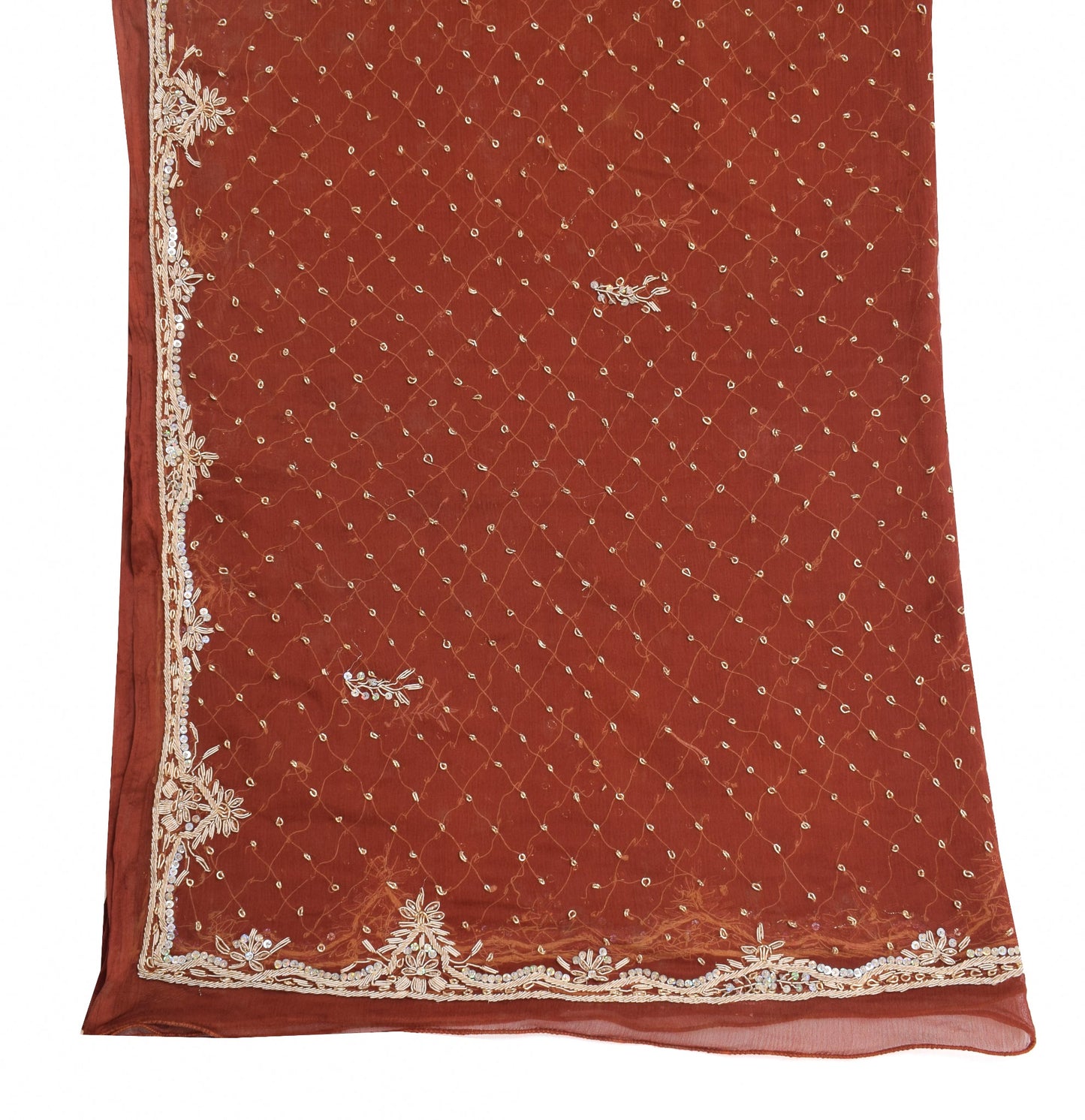 Sushila Vintage Brown Zardozi Work Dupatta Pure Chiffon Floral Ethnic Long Stole