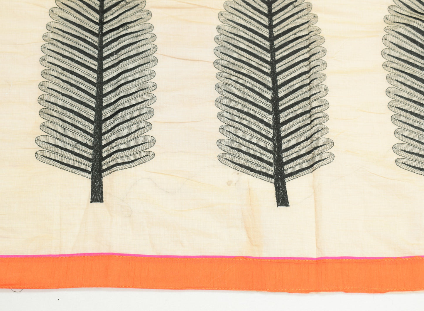 Sushila Vintage Cream Dupatta Art Cotton Silk Leaves Embroidered Long Stole Wrap