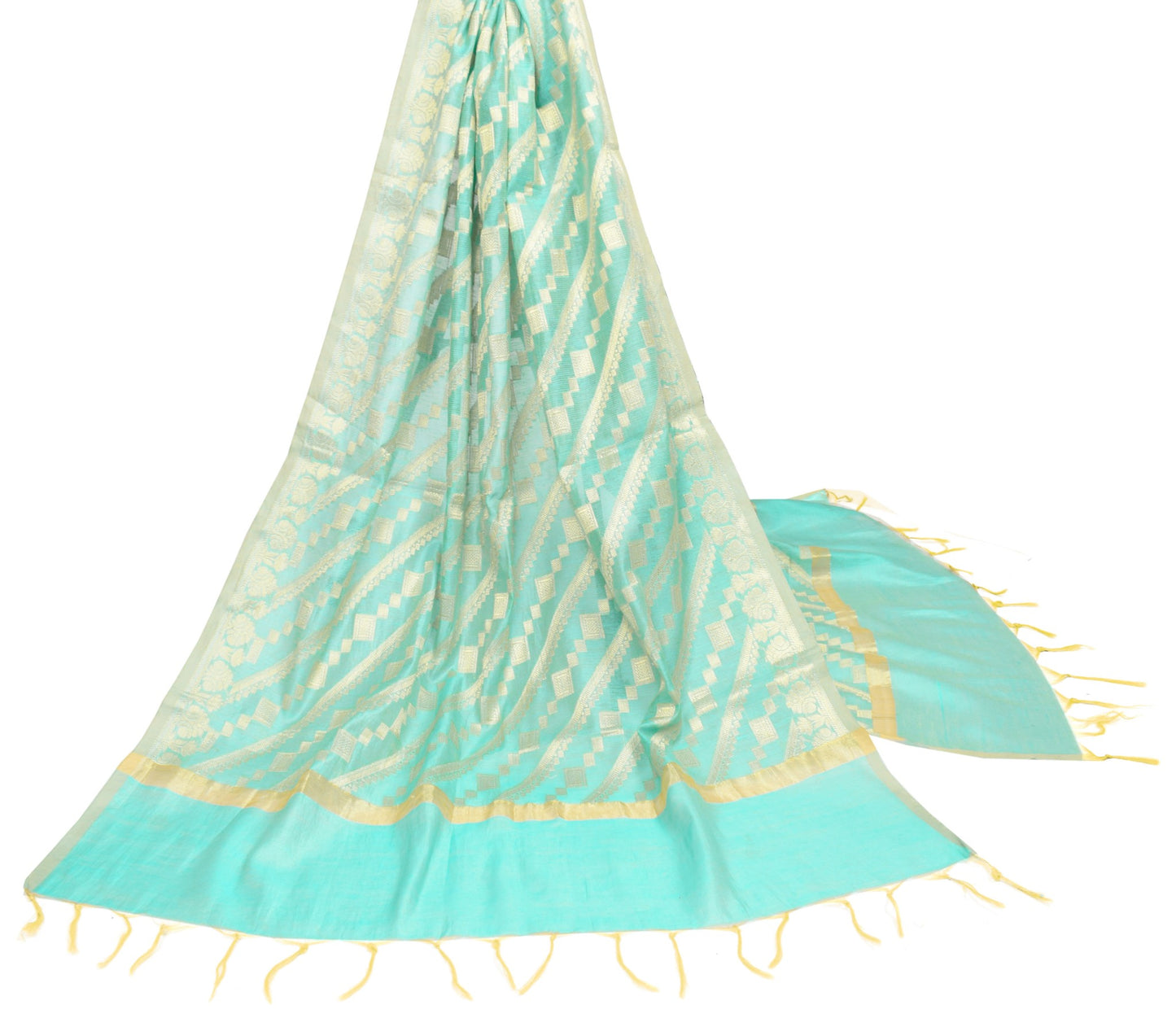 Sushila Vintage Aqua Blue Dupatta Art Cotton Silk Zari Woven Banarasi Long Stole