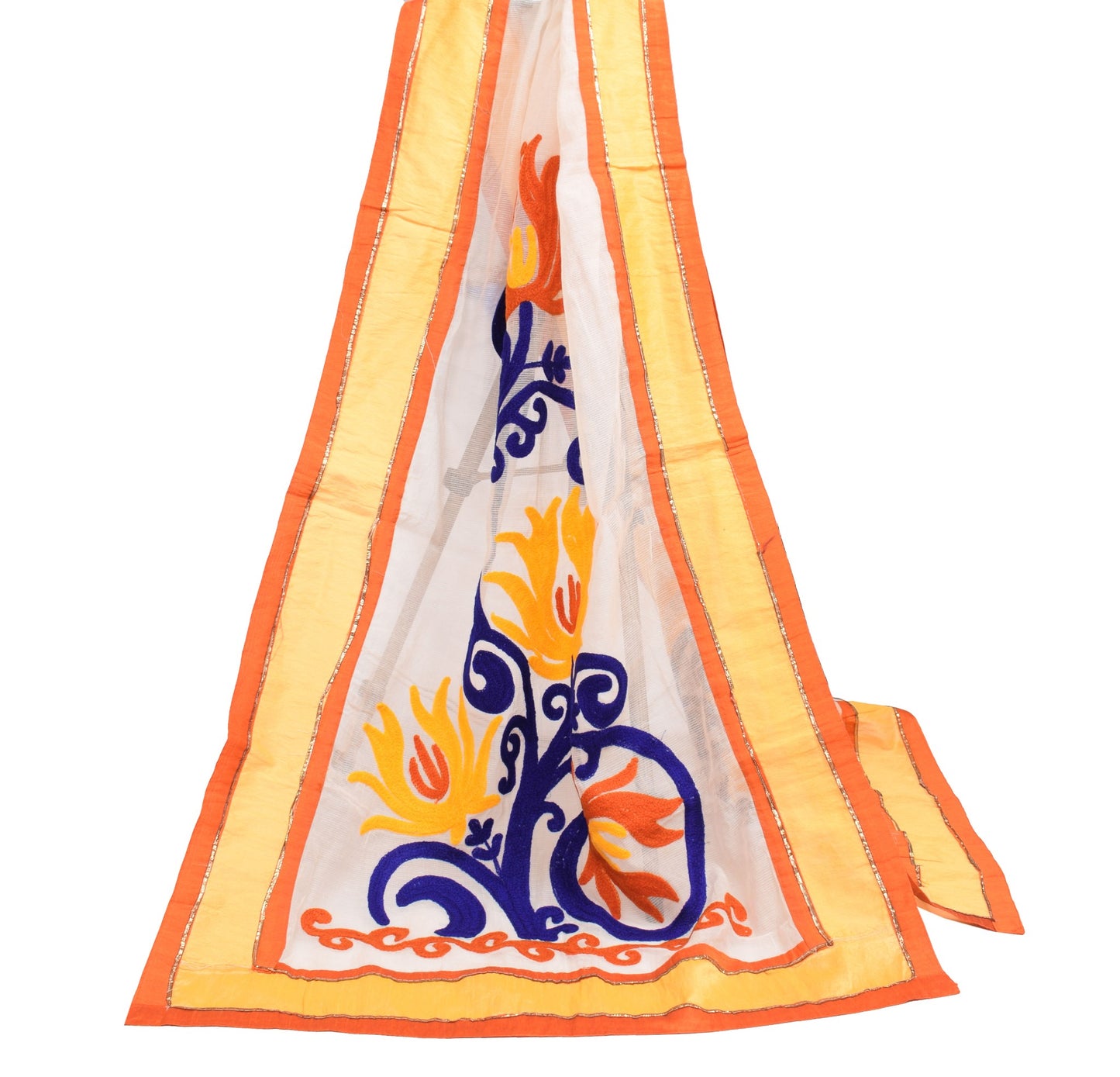 Sushila Vintage White Dupatta Pure Cotton Silk Floral Embroidered Long Stole