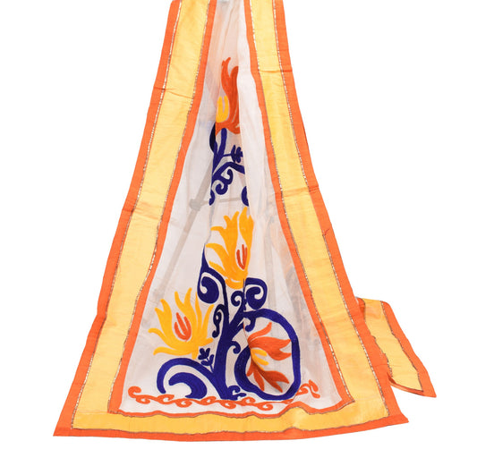 Sushila Vintage White Dupatta Pure Cotton Silk Floral Embroidered Long Stole