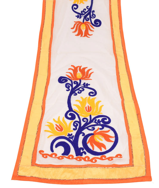 Sushila Vintage White Dupatta Pure Cotton Silk Floral Embroidered Long Stole
