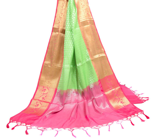 Sushila Vintage Parrot Green Dupatta Art Silk Zari Brocade Floral Indian Stole