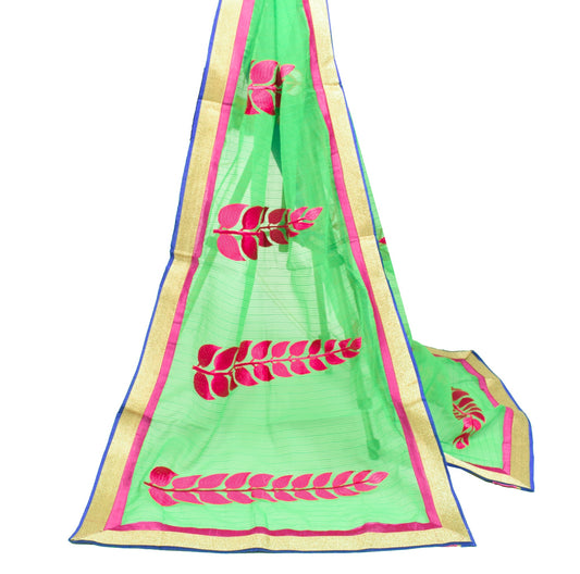 Sushila Vintage Green Dupatta Art Cotton Silk Embroidered Floral Long Stole Wrap