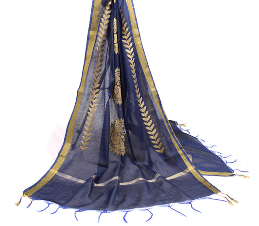 Sushila Vintage Zari Embroidered Dupatta Art Cotton Silk Floral Blue Long Stole
