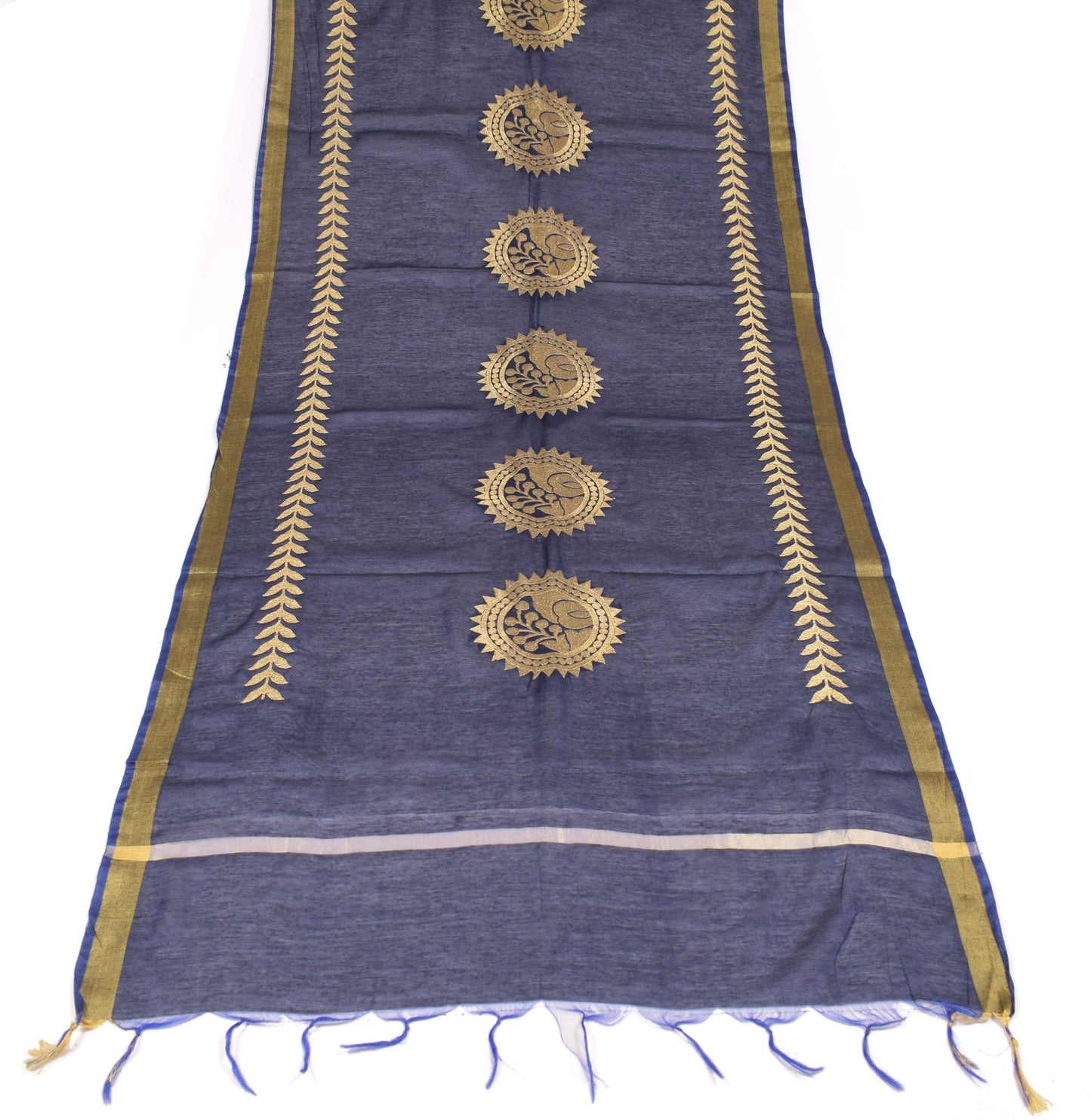 Sushila Vintage Zari Embroidered Dupatta Art Cotton Silk Floral Blue Long Stole