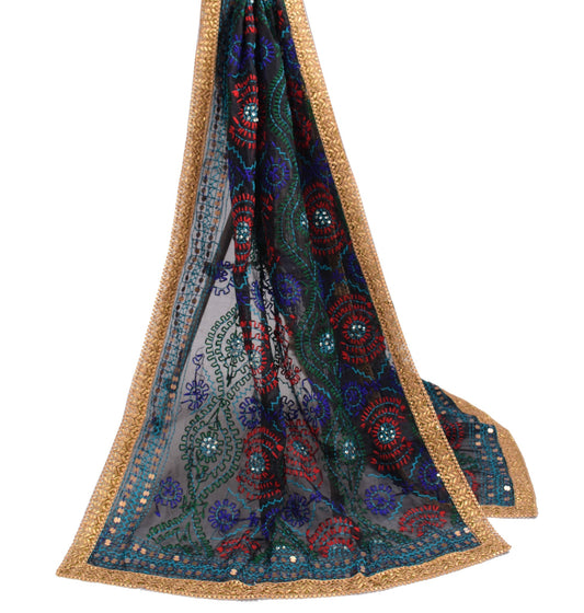 Sushila Vintage Black OOAK Dupatta Art Silk Hand Embroidered Floral HEAVY Stole