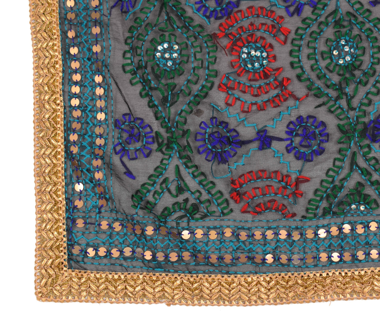 Sushila Vintage Black OOAK Dupatta Art Silk Hand Embroidered Floral HEAVY Stole