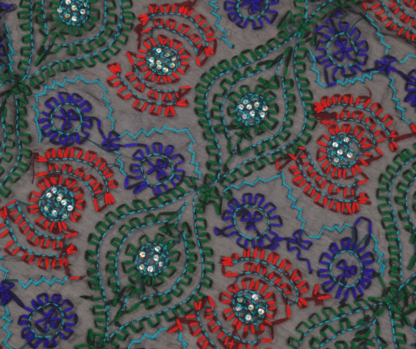 Sushila Vintage Black OOAK Dupatta Art Silk Hand Embroidered Floral HEAVY Stole