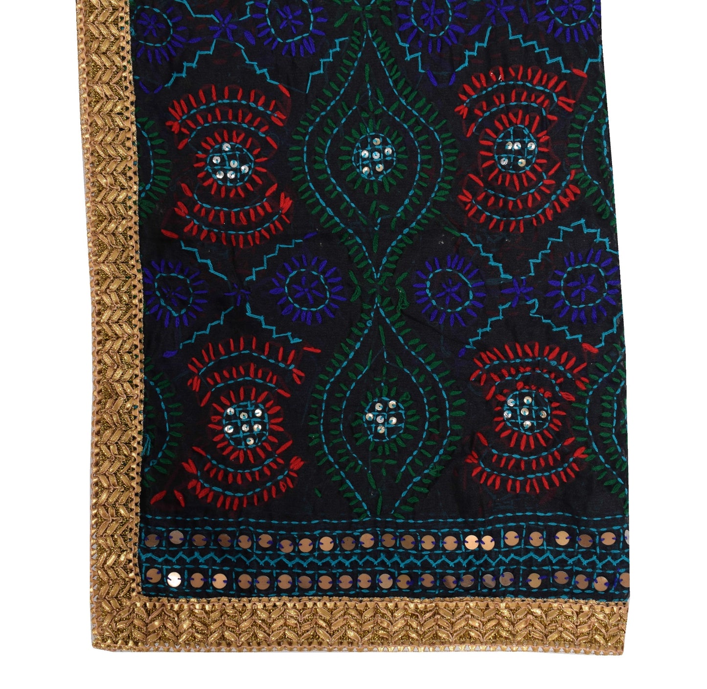 Sushila Vintage Black OOAK Dupatta Art Silk Hand Embroidered Floral HEAVY Stole