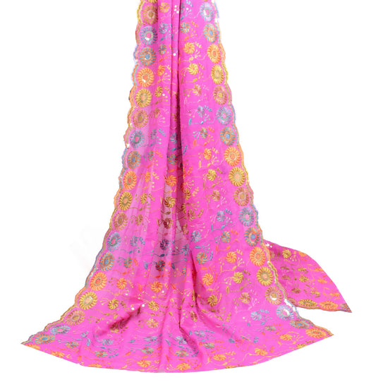 Sushila Vintage Pink Embroidered Dupatta Art Georgette Floral Long Stole Scarves