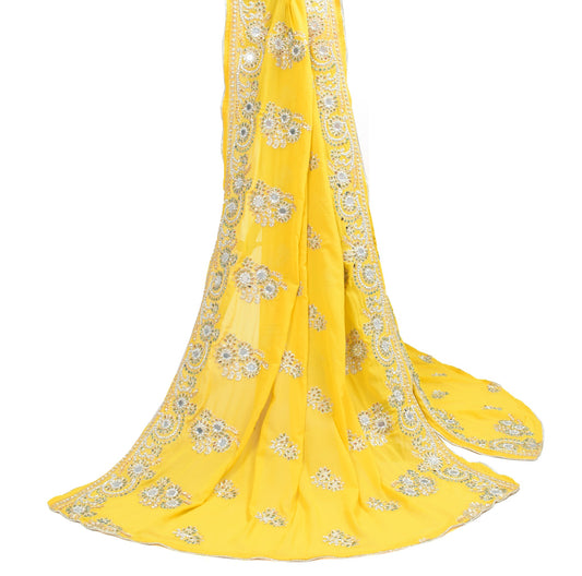 Sushila Vintage Mirror Work Dupatta Art Georgette Yellow HEAVY Embroidered Stole