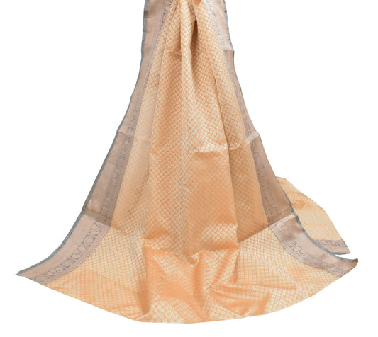 Sushila Vintage Peach Dupatta with Gray Border Art Silk Floral Woven Long Stole