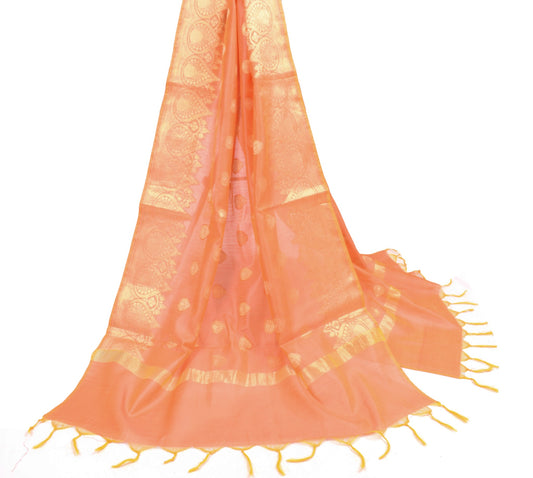 Sushila Vintage Peach Orange Dupatta Art Cotton Silk Woven Banarasi Long Stole