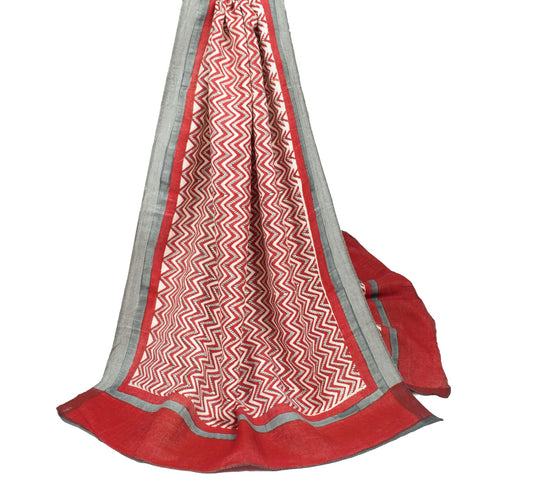 Sushila Vintage Red Cream Dupatta Pure Woolen Hand Printed Zig-Zag Long Stole
