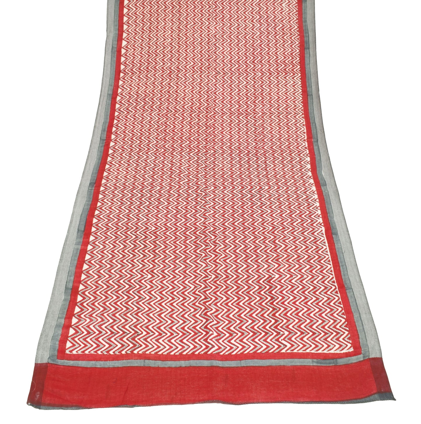Sushila Vintage Red Cream Dupatta Pure Woolen Hand Printed Zig-Zag Long Stole