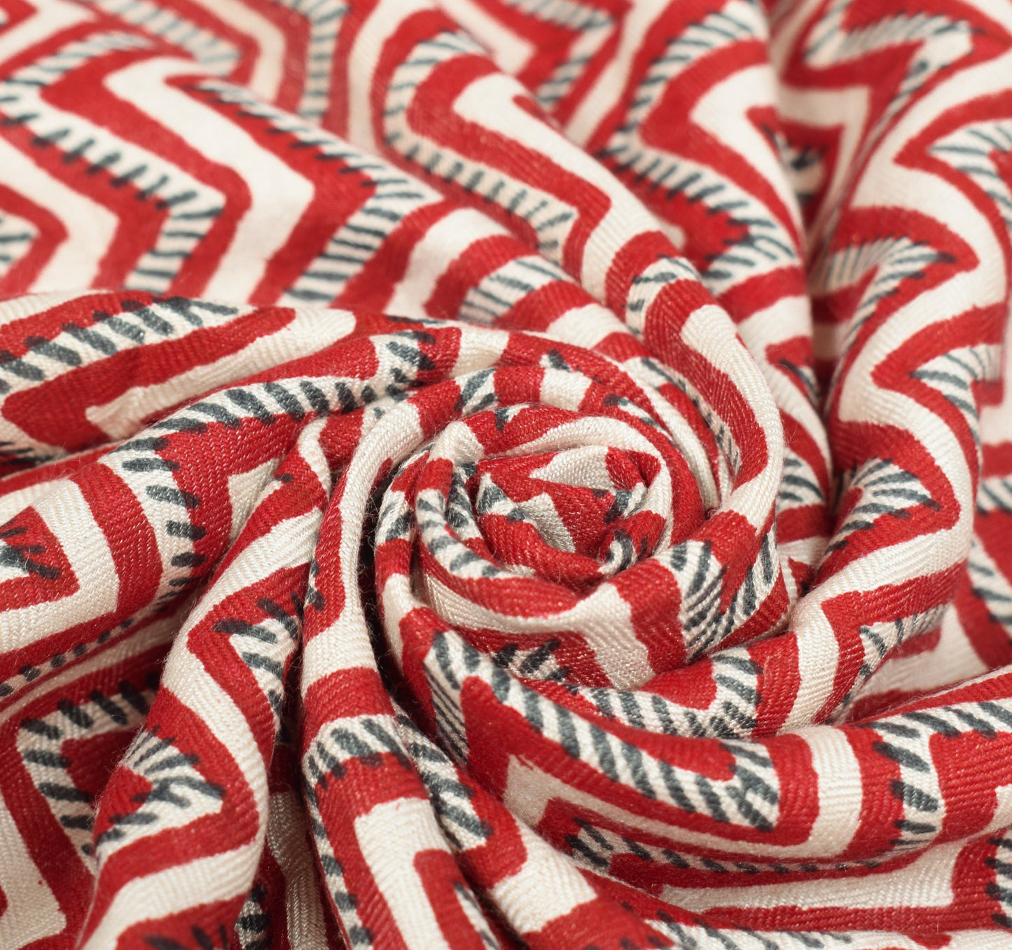 Sushila Vintage Red Cream Dupatta Pure Woolen Hand Printed Zig-Zag Long Stole