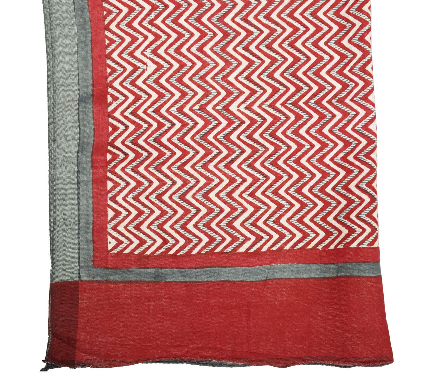 Sushila Vintage Red Cream Dupatta Pure Woolen Hand Printed Zig-Zag Long Stole