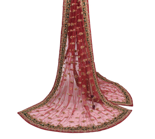 Sushila Vintage Maroon Heavy Dupatta Hand Beaded Zardozi Sequins Net Long Stole