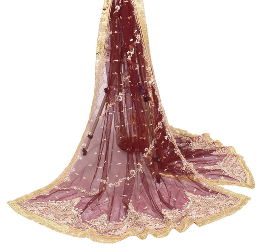 Sushila Vintage Maroon Net Heavy Dupatta Zardozi Work Wedding Nikah Long Stole