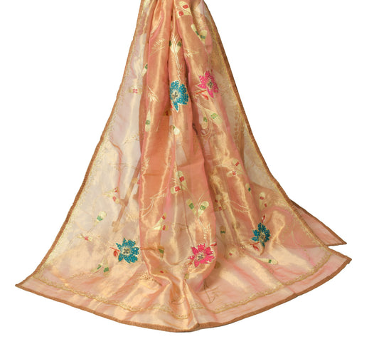 Sushila Vintage Golden Tissue Dupatta Zari Embroidered Wedding Floral LongStole
