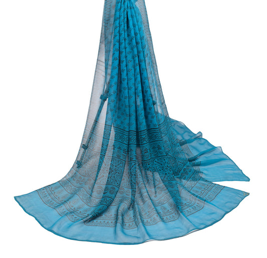 Sushila Vintage Teal Blue Dupatta 100% Pure Georgette Floral Printed Long Stole