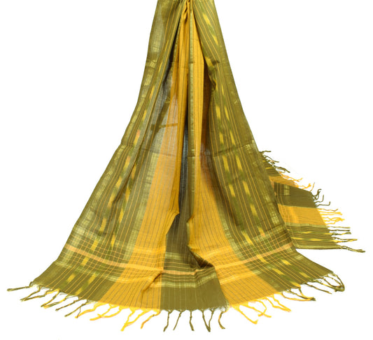 Sushila Vintage Hand Woven Ikat Dupatta Pure Cotton Green Mustard Long Stole