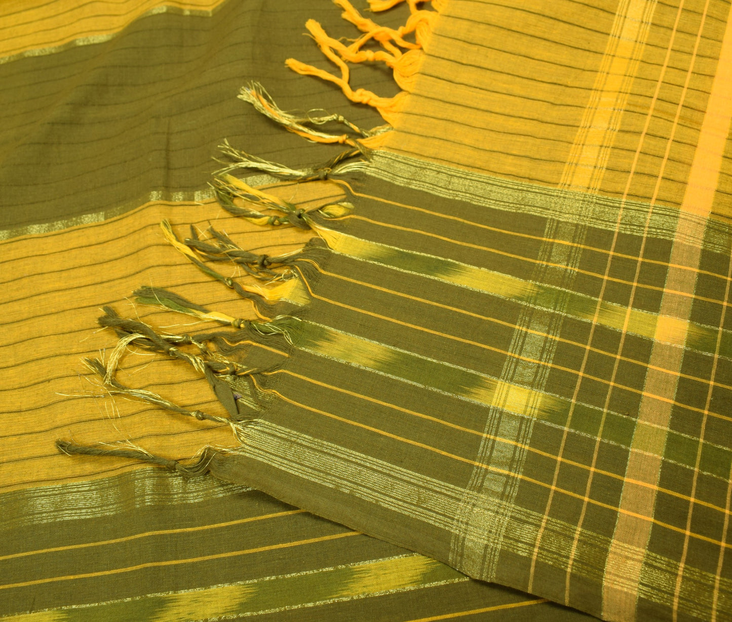 Sushila Vintage Hand Woven Ikat Dupatta Pure Cotton Green Mustard Long Stole