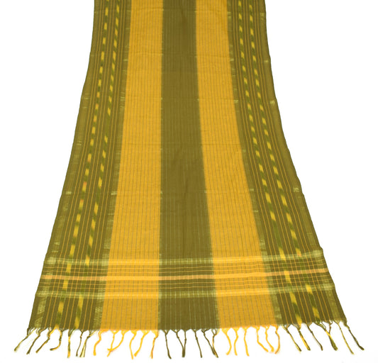 Sushila Vintage Hand Woven Ikat Dupatta Pure Cotton Green Mustard Long Stole