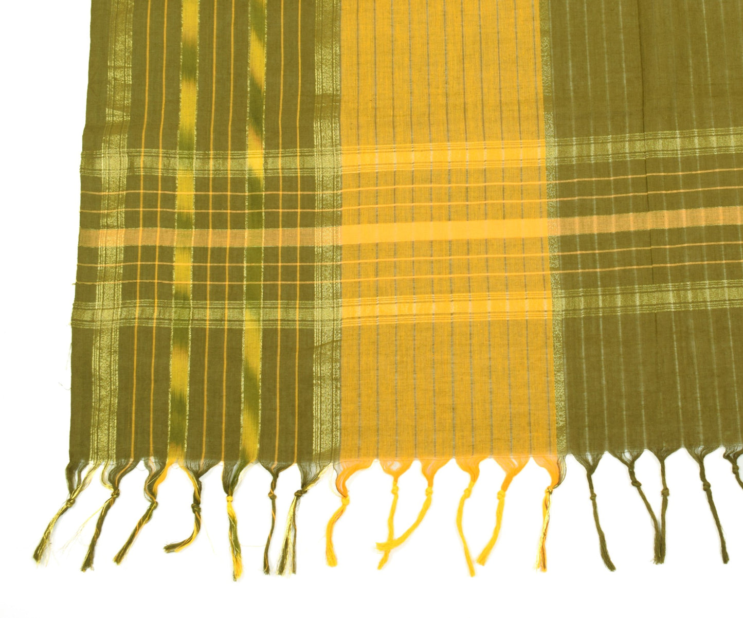 Sushila Vintage Hand Woven Ikat Dupatta Pure Cotton Green Mustard Long Stole