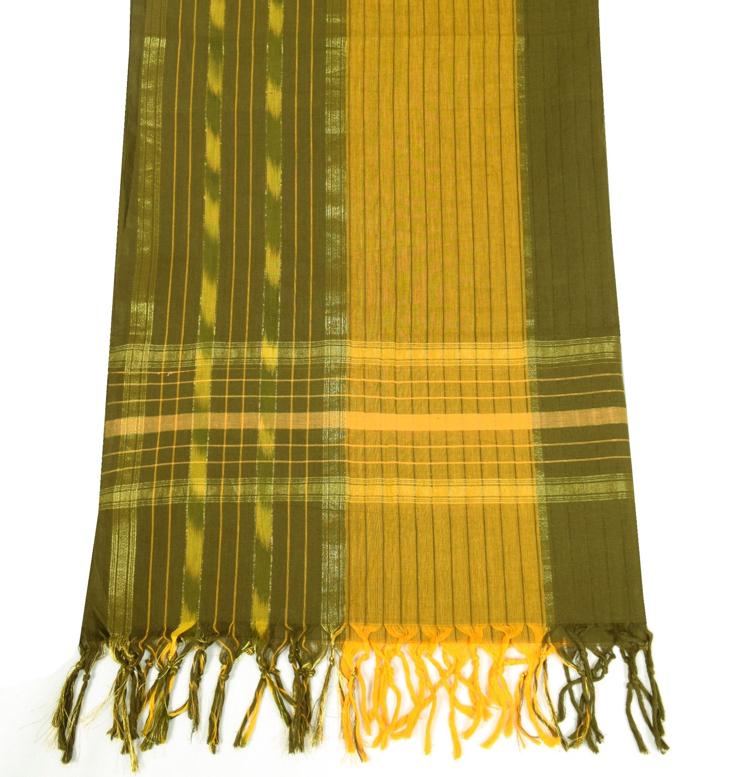 Sushila Vintage Hand Woven Ikat Dupatta Pure Cotton Green Mustard Long Stole
