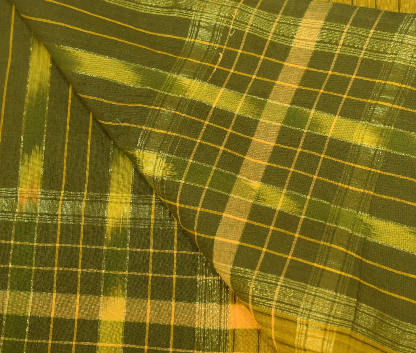 Sushila Vintage Hand Woven Ikat Dupatta Pure Cotton Green Mustard Long Stole