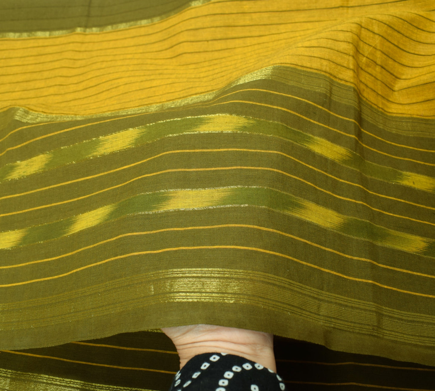 Sushila Vintage Hand Woven Ikat Dupatta Pure Cotton Green Mustard Long Stole