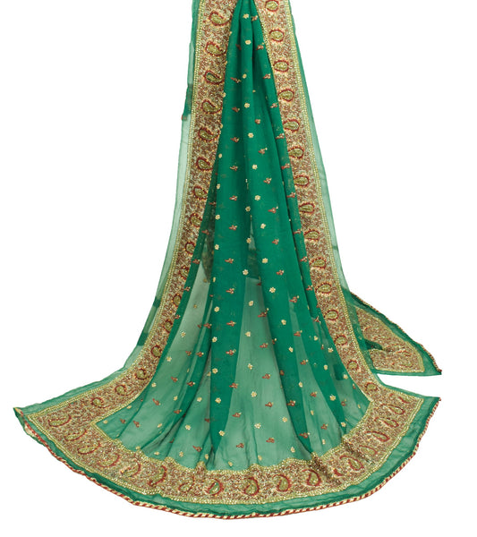 Sushila Vintage Green Dupatta Pure Georgette Glass Beads Embellish Long Stole