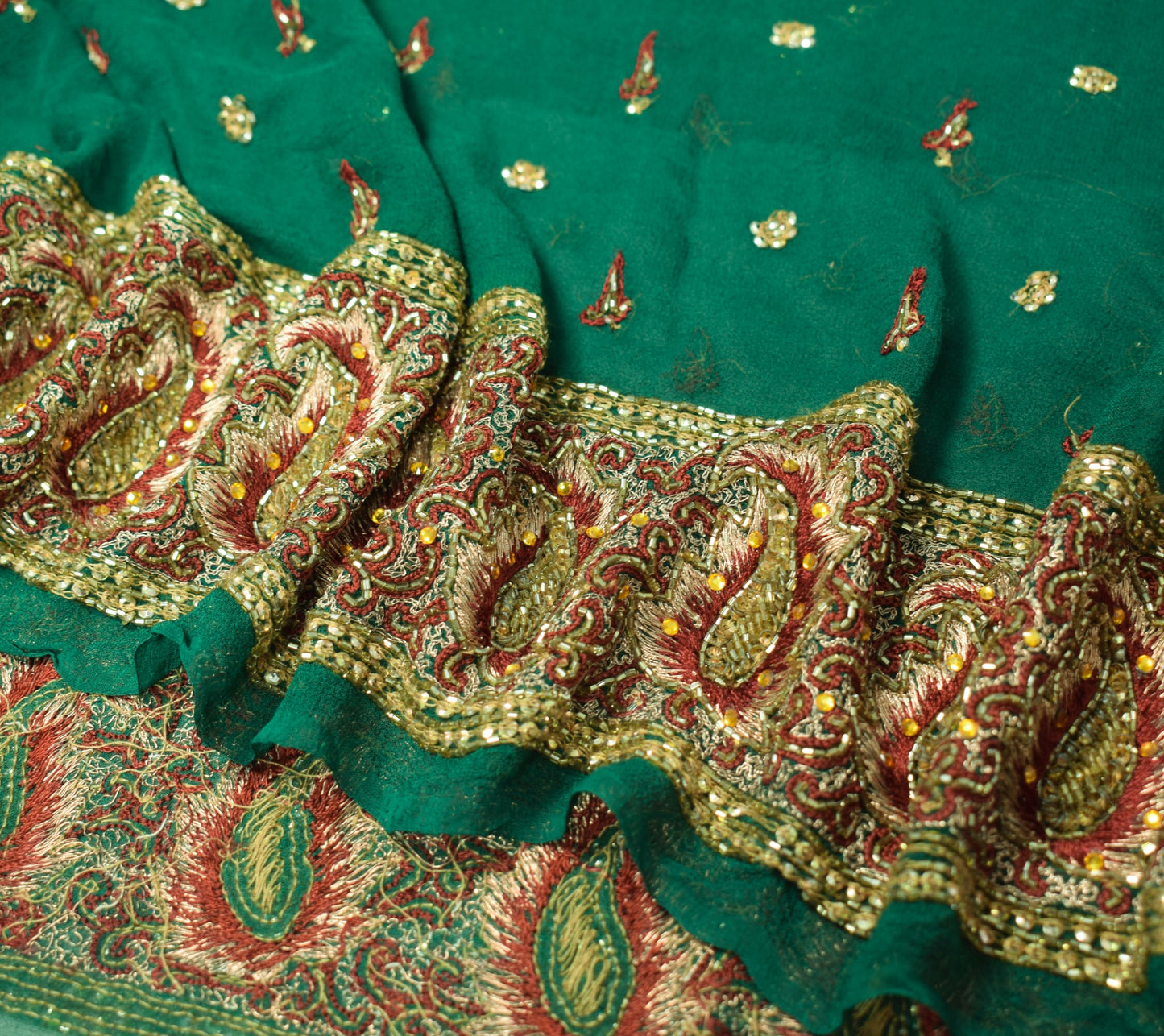Sushila Vintage Green Dupatta Pure Georgette Glass Beads Embellish Long Stole