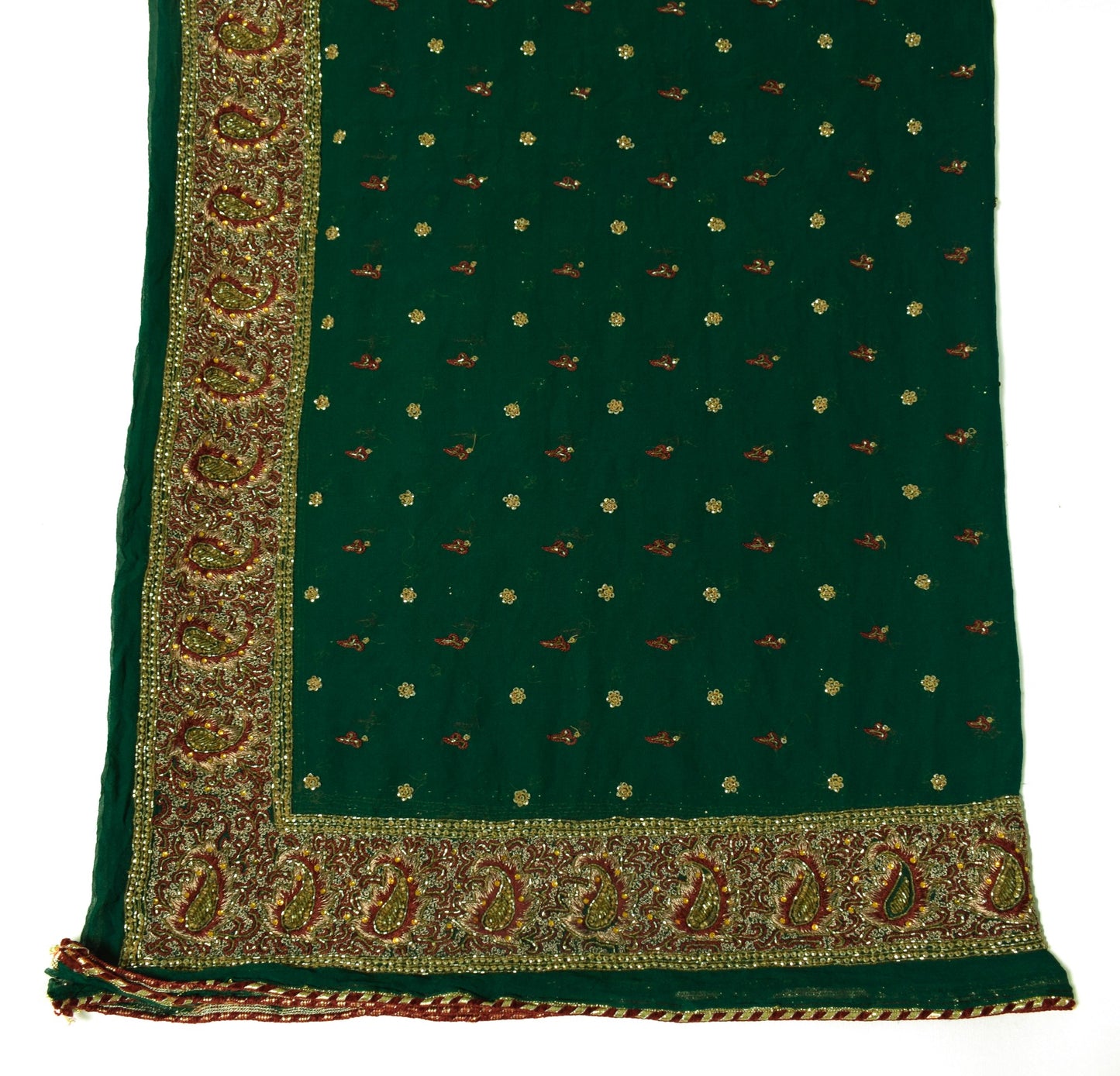 Sushila Vintage Green Dupatta Pure Georgette Glass Beads Embellish Long Stole